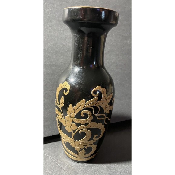 Black & Embossed Raised Gold Oriental Design On Vase 9 1/4” Tall - Picture 3 of 6